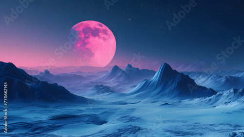 Vibrant Pink Moon Rising Over Snowy Mountain Peaks at Night