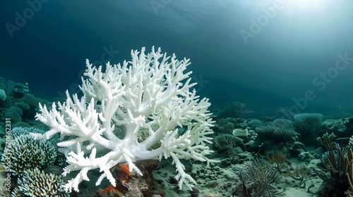 A vibrant coral reef bleached white underwater showing the impact of ocean warming.