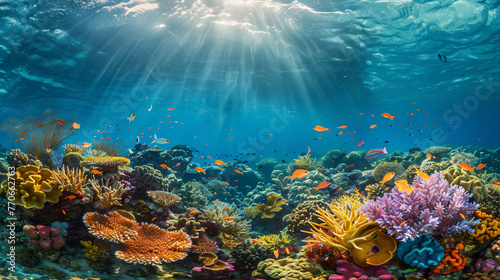 A vibrant coral reef teeming with diverse marine life visible through crystal clear ocean waters.