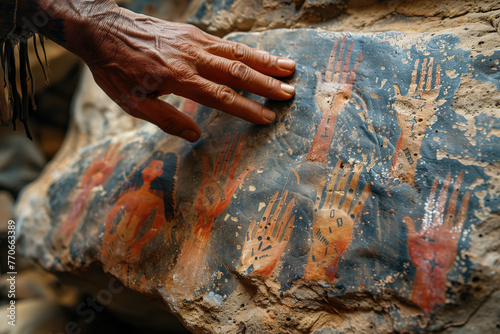 cave painting, the hand of an indigenous person touches an ancient stone with many palms depicted on it