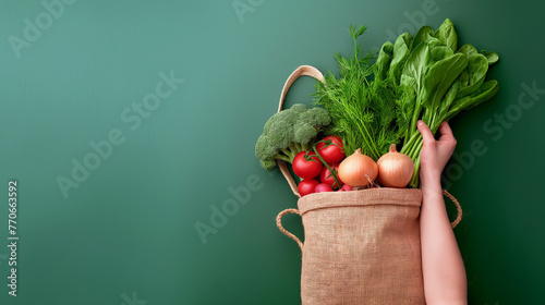Sacola com legumes e frutas isolado no fundo verde 
