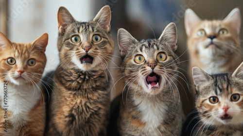 Grupo de gatos engraçados com expressão de impressionados 