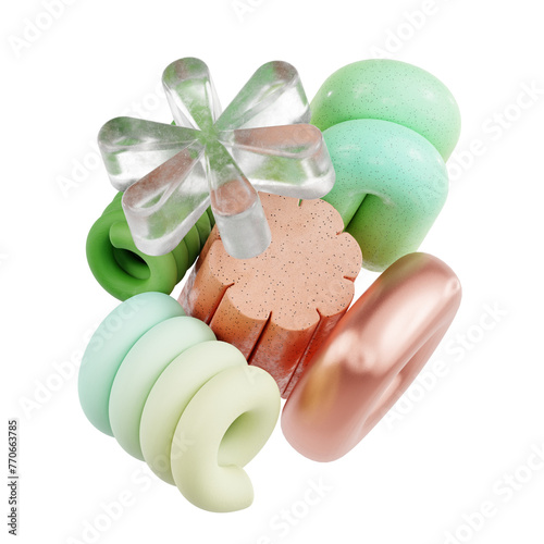 3d render, abstract geometry balloons, geometric background, multicolored primitive shapes, minimalistic design, pastel colors palette, party decoration, plastic toys, isolated elements