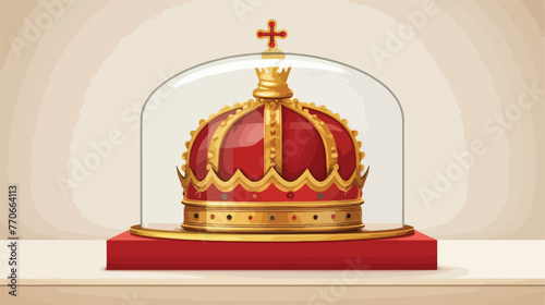 Golden royal crown on pedestal under glass box. Hea