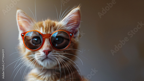 ginger-colored kitten with orange sunglasses, space for text