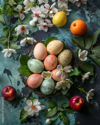 photo top view beautiful composition spring atmosphere, realistic photo of easter eggs with fruits and flowers