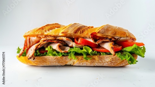 A sandwich with meat, lettuce, and tomatoes