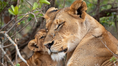 Predator  s love. Lioness and cub in the Kruger NP  South Africa