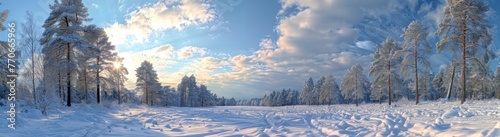 A snowy field with trees in the background and a beautiful sunset in the sky