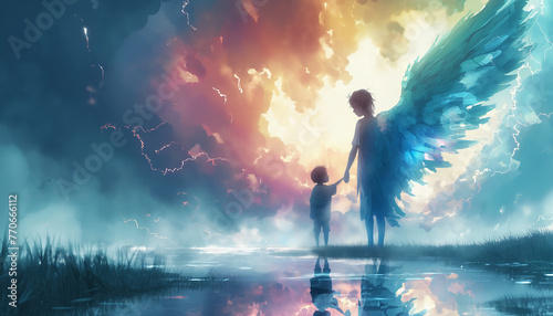 Guardian Angel Watching Over a Child: Symbolizing Protection and Care - Illustration