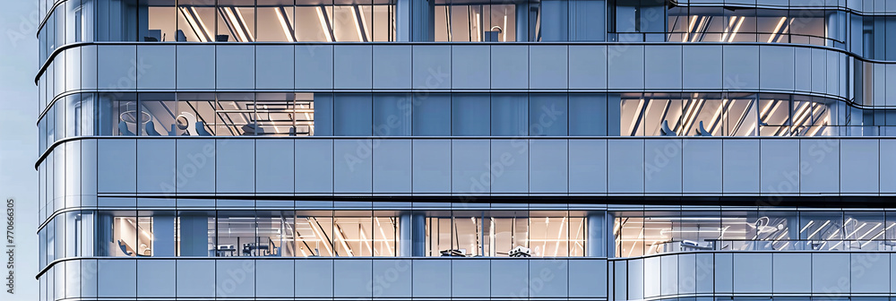 Obraz premium Modern Office Building Exterior, Blue Glass Facade Reflecting the Sky, Urban Architectural Beauty