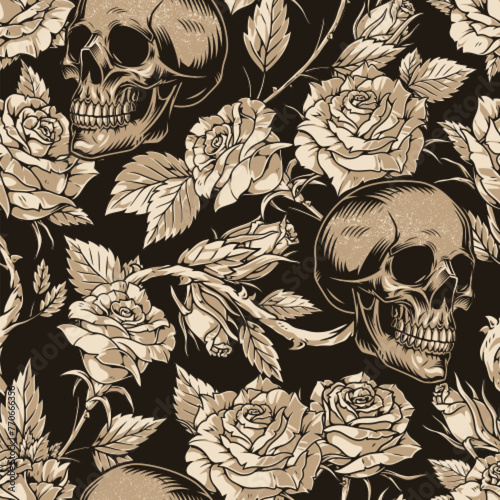 Scary floral seamless pattern monochrome
