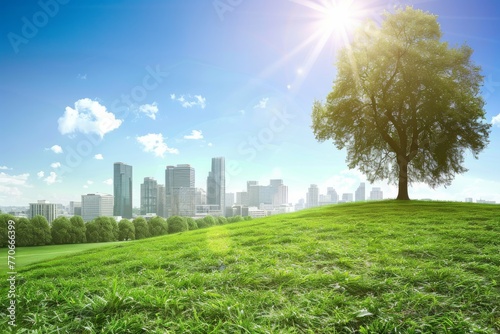 A tree is in a grassy field with a city in the background