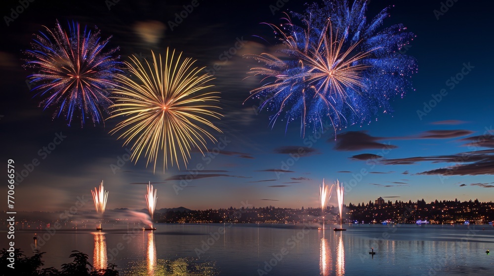 A fireworks display is lit up in the night sky over a lake