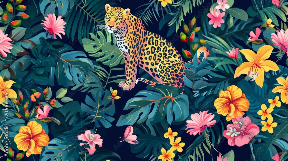 Seamless pattern with jungle animals, flowers and trees. Vector
