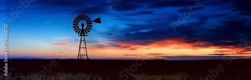 A windmill is standing in a field at sunset