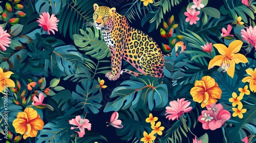 Seamless pattern with jungle animals, flowers and trees. Vector