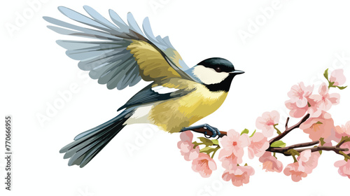 Great Tit with Black Head and Yellow Body Flying To