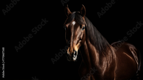 Close up of horse s head with dark background that accentuates the horse  s features.