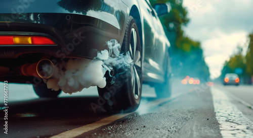 Close-up of the exhaust pipe of a black car with a lot of smoke coming out while driving on the road. photo