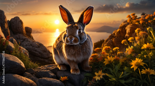 Rabbit is sitting on some rocks with body of water and mountains in the background.