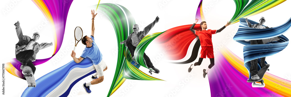 Yung men, skateboarder, tennis and volleyball player in motion on white background with abstract colorful elements. Contemporary art collage. Concept of sport, active and healthy lifestyle. Banner.