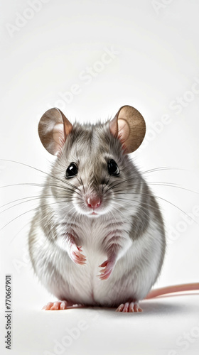 Mouse with big ears sits on white background.