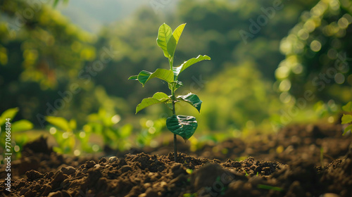 A young tree sapling being planted in a deforested area symbolizing reforestation and hope for recovery.