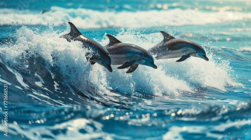 Three beautiful dolphins jumping over breaking waves. Hawaii Pacific Ocean wildlife scenery. Marine animals in natural habitat