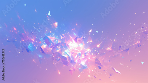 abstract image of bright, glowing, multicolored crystals flying on the background of pastel gradient. copy space