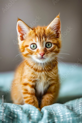 Small orange kitten with large green eyes sits on blue blanket.