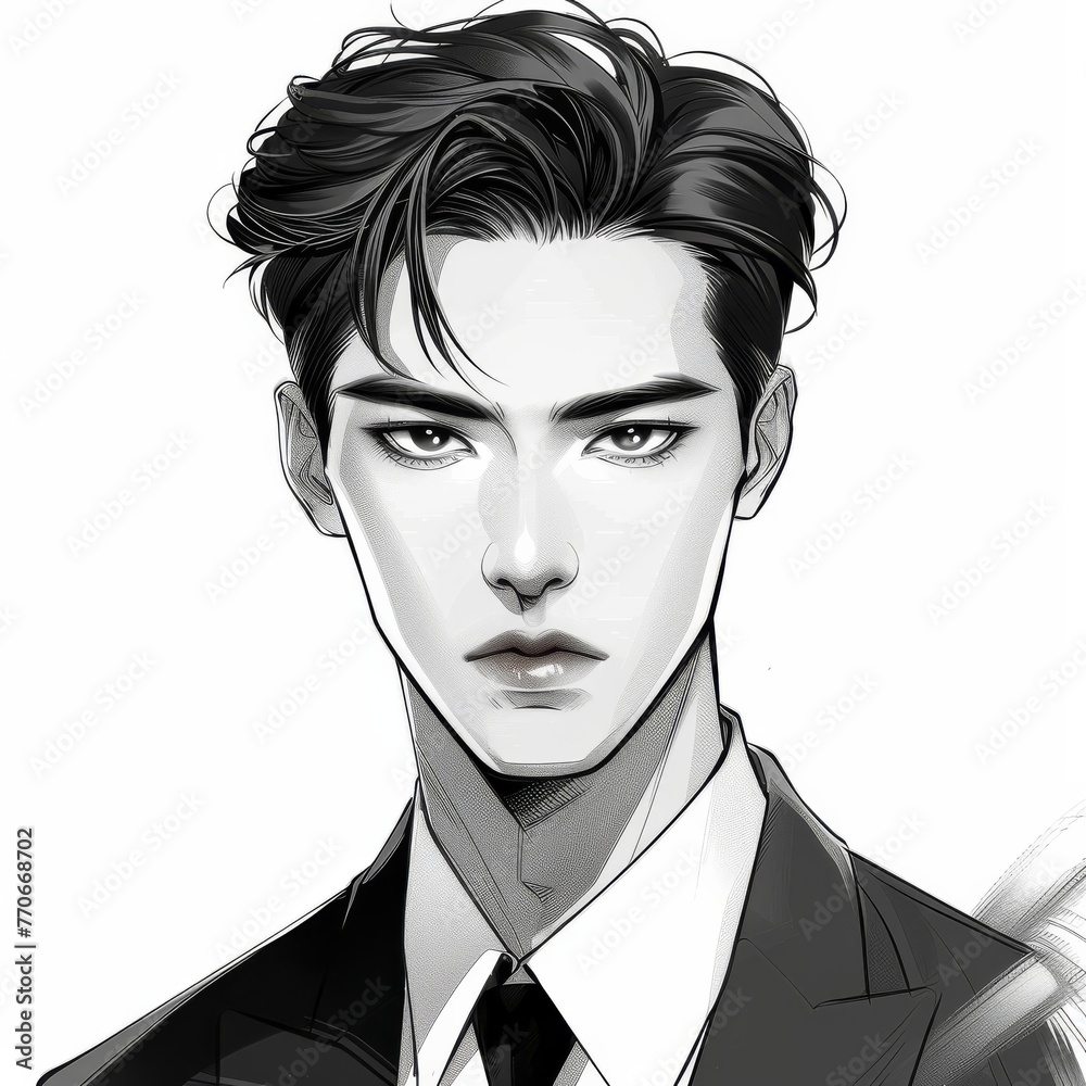A man with a black and white drawing of him wearing a suit and tie A man with a black and white drawing of him wearing a suit and tie