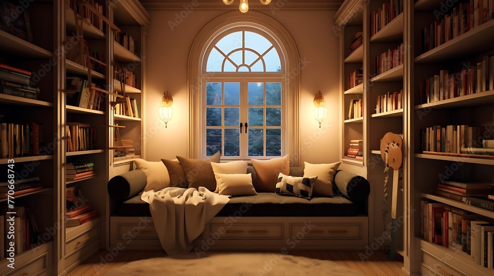  Cozy reading nook with bookshelves and an arched window, plush seating surrounded by shelves filled with books - obrazy, fototapety, plakaty 