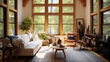 A cozy living room with large windows, showcasing the natural light and forest view outside