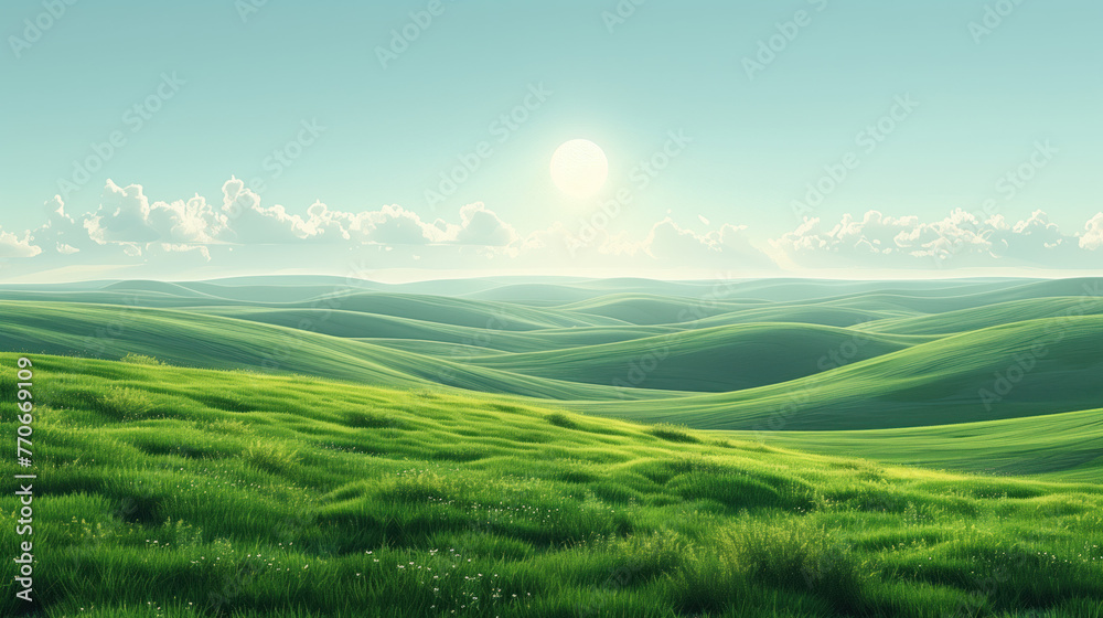 green hills under a bright sun and a blue sky with fluffy clouds. copy space