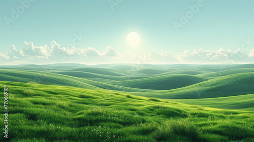 green hills under a bright sun and a blue sky with fluffy clouds. copy space