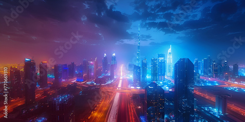 Skyline panorama of the high-rise buildings on Sheikh Zayed Road in Dubai aerial night to day transition timelapse, UAE. generative ai  photo