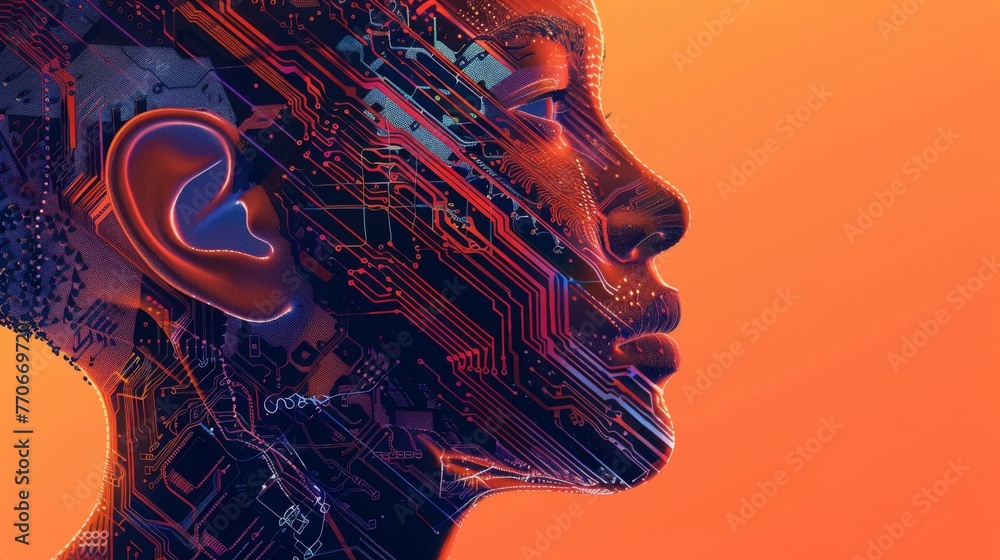 Abstract illustration of a human head profile with intricate electronic ...