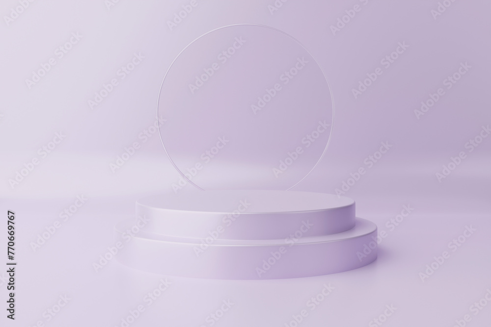 3D circular platform on purple background with minimal horizontal mockup glass wall for product display banner in purple. Modern promotion geometric background with free space 3D circular platform on purple background with minimal horizontal mockup glass wall for product display banner in purple. Modern promotion geometric background with free space