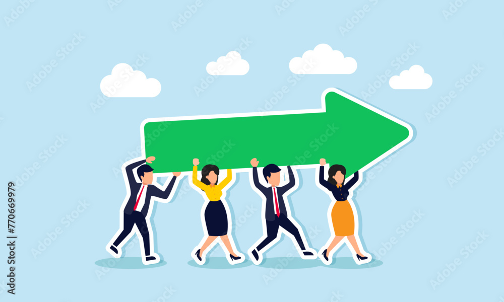 Team aligns for success, sharing goals, supporting growth and direction, concept of Business partners lift a large upward arrow, symbolizing growth