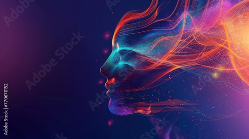 Dynamic human head profile illustration merged with abstract shapes, symbolizing the fusion of art and technology