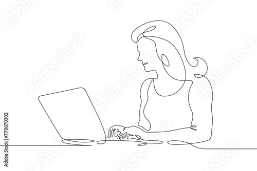 One continuous line. The woman works at the computer. A female character sits at a laptop. Work with mobile Internet.One continuous line is drawn on a white background.
