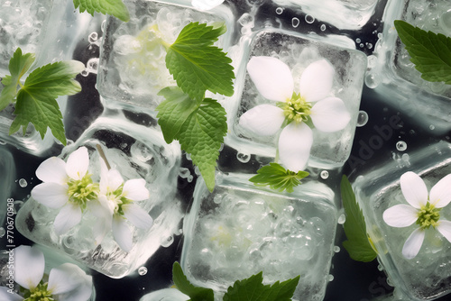 White flowers frozen inside of ice cubes with green leaves on top. A close-up of plants and air bubbles in ice. AI-generated