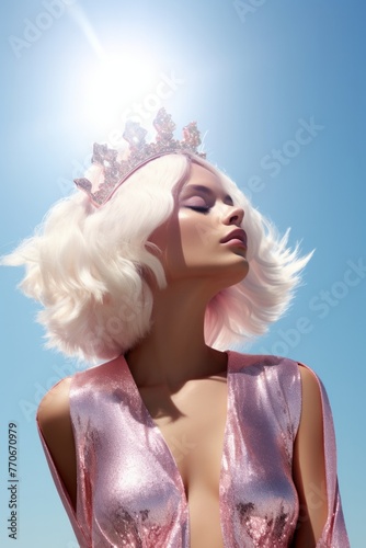 The sun gleams over a lady's shiny crown with wavy blond hair cascading down a shimmering pink gown, set against the clear sky