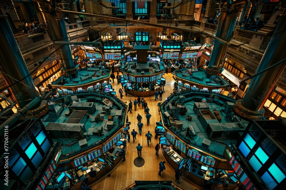 A high-angle shot showing a large library filled with numerous books of various sizes and colors