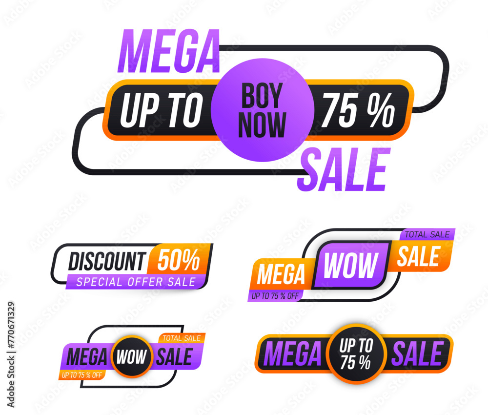 Sale tags collection on white background. Special offer, discount, best price, mega, big sale, banner set. Special offer banner for web design and discounts. Sticker, badge, coupon store. Vector.
