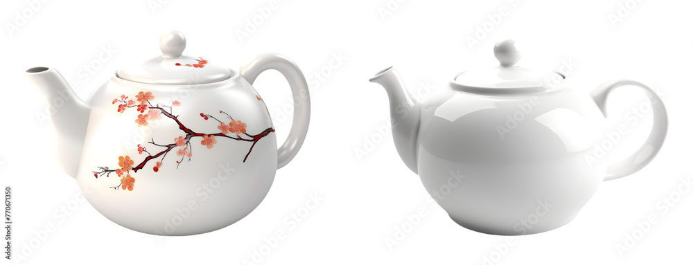 Set of white porcelain teapots. Japanese teapot on the transparent background. Set of white porcelain teapots. Japanese teapot on the transparent background.
