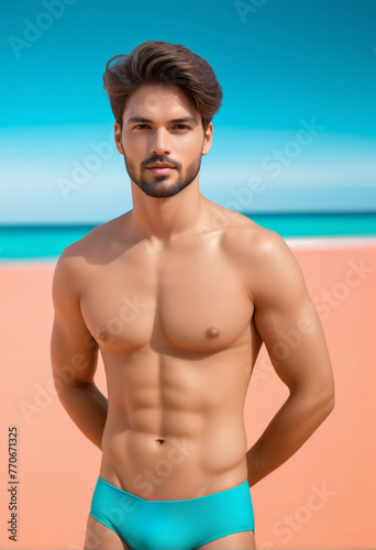 Handsome young Caucasian man posing on a sandy beach, representing summer vacations and ideal for swimwear advertising