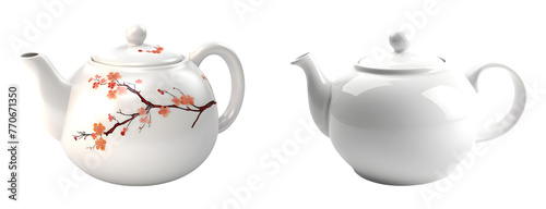 Set of white porcelain teapots. Japanese teapot on the transparent background.