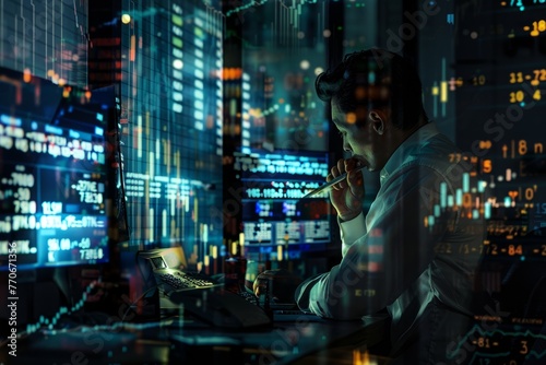 A man sits at a desk in front of a computer late at night, surrounded by abstract financial data projections